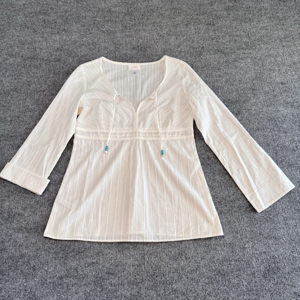 Ann Taylor Loft White Cotton SZ 10 Long Sleeve Boho Style Shirt Bead Accents